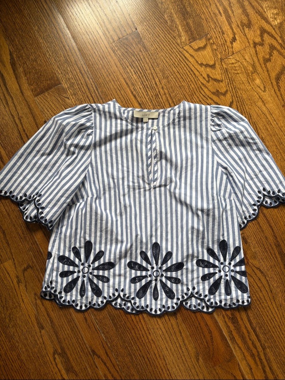 LOFT Blue & White Striped Eyelet Floral Hem Top
